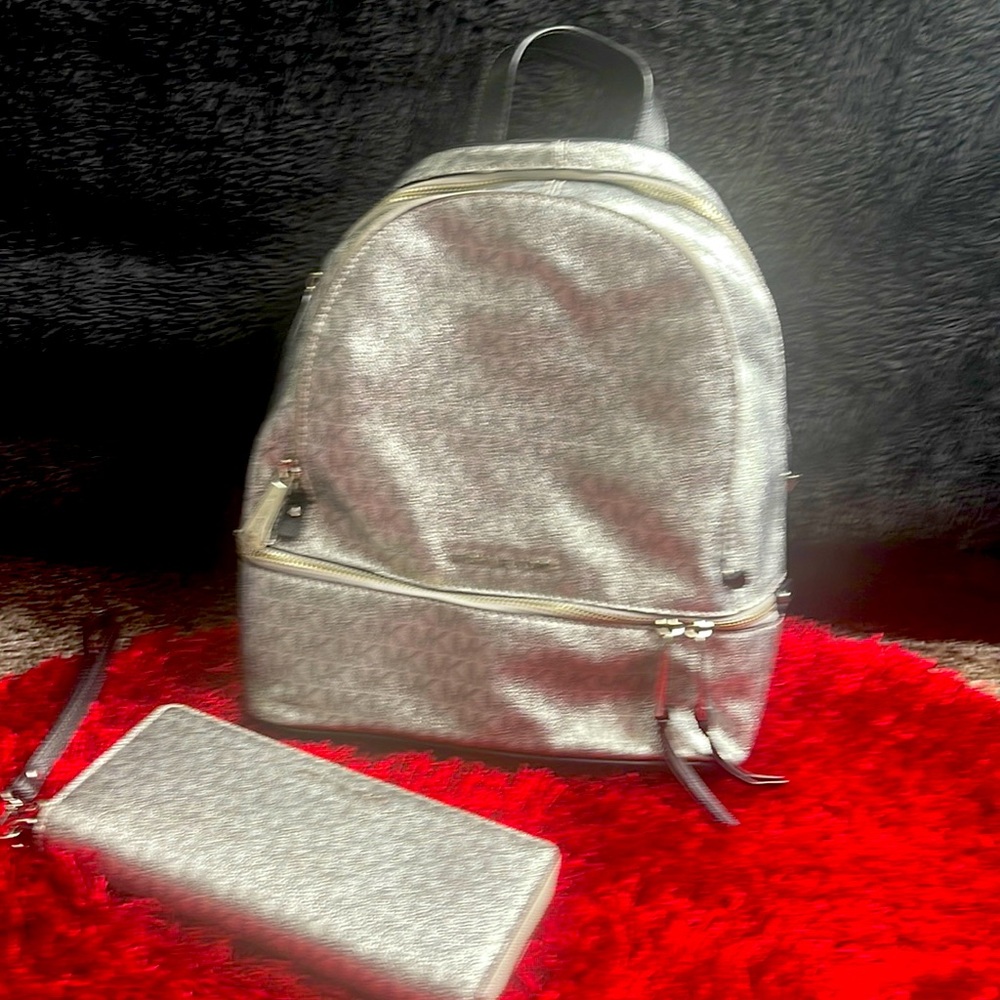 Unique Michael Kors Backpack purse shiny pewter silver with wallet